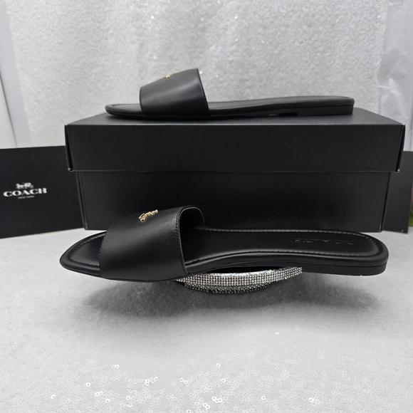 Coach Slide Sandal Black Leather Goldtone Hardward Elegant Silhouette Womens 10 - Picture 4 of 8